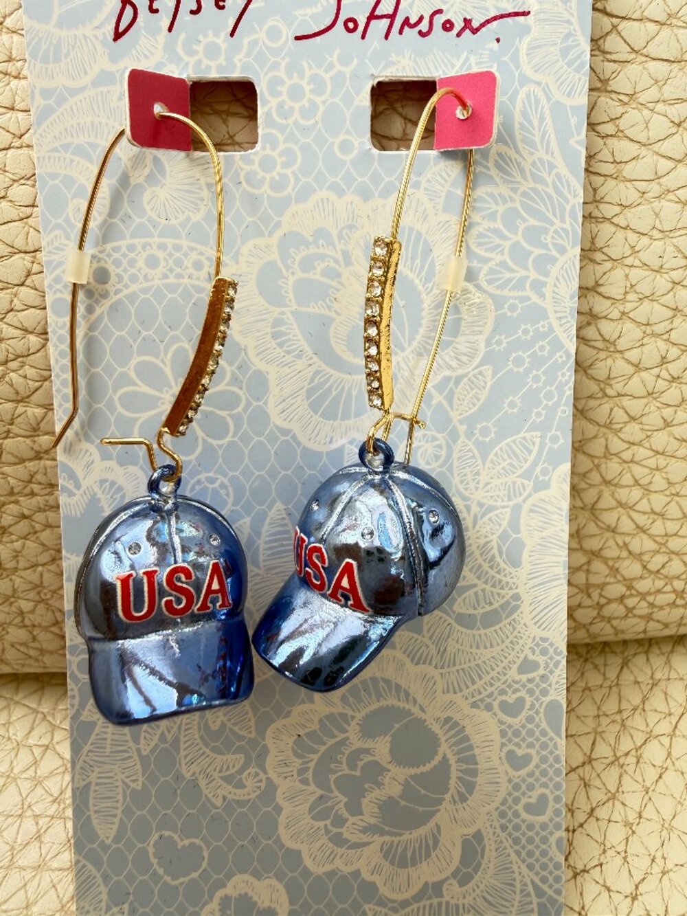 NEW Betsey Johnson Blue USA Baseball Cap Hat Americana Earrings